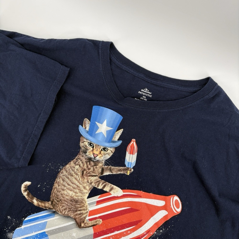 4th of‎ July Cat Popsicle Rocket T-Shirt Unisex Size 3XL 54-56 Blue